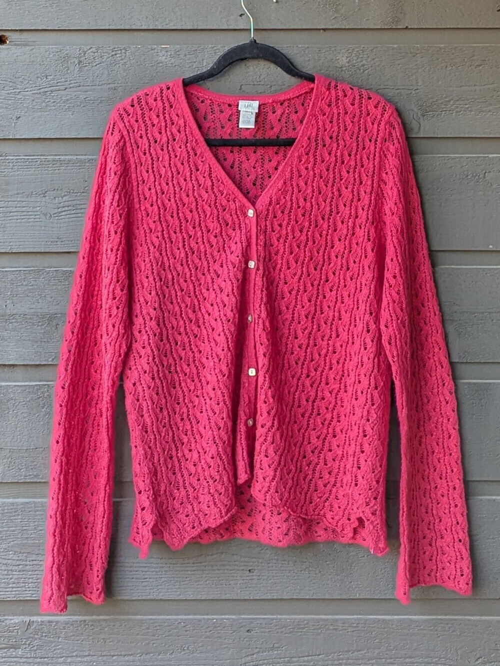 VTG 90s J. Jill Pink Open-Knit V-Neck Button Cardigan Size XL Hemp Cotton Ramie